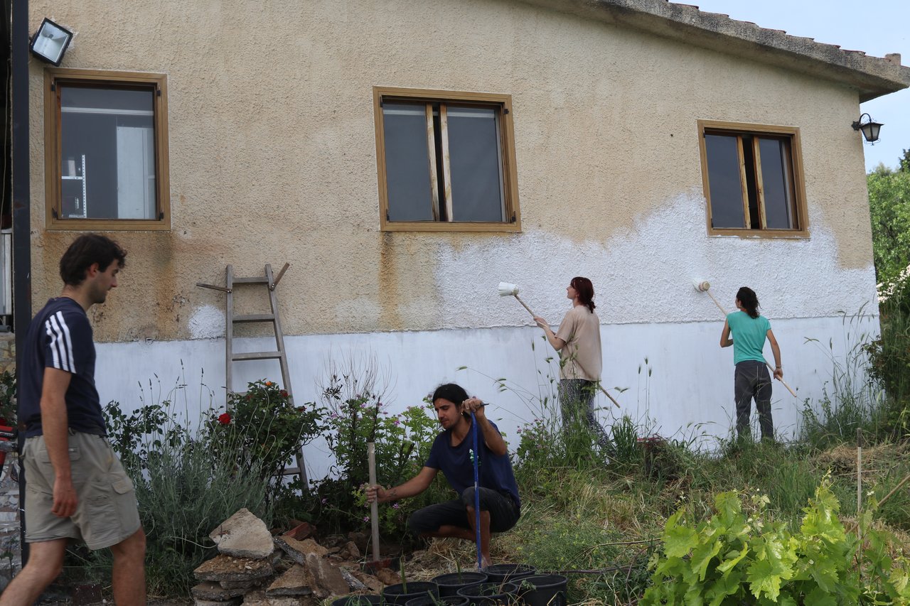 Volunteers whitewashing house